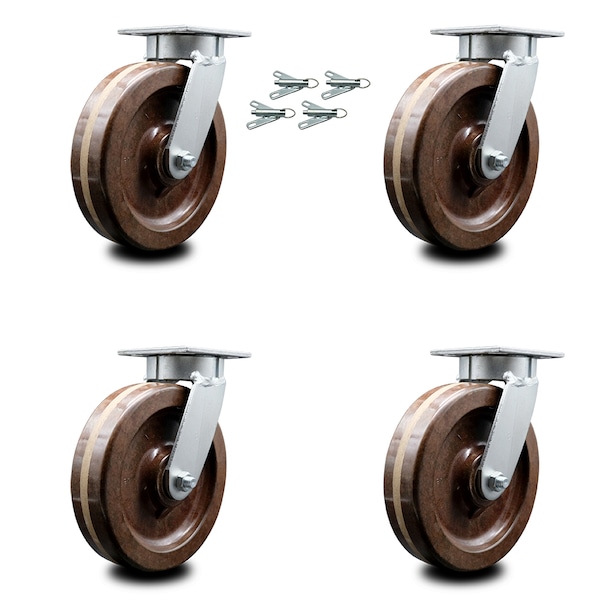 8 Inch Kingpinless High Temp Phenolic Wheel Swivel Caster Set with Swivel Locks